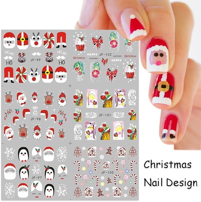 12 Sheets Christmas Nail Stickers Water Transfer Nail Decals Santa Claus Snowman Elk Penguin Nail Art Stickers Pine Winter Nail Art Supplies for Women Xmas Nail Art Decorations