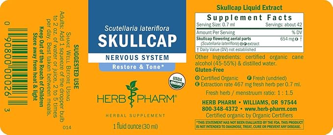 Herb Pharm Certified Organic Skullcap Liquid Extract for Nervous System Support, Organic Cane Alcohol, 1 Ounce