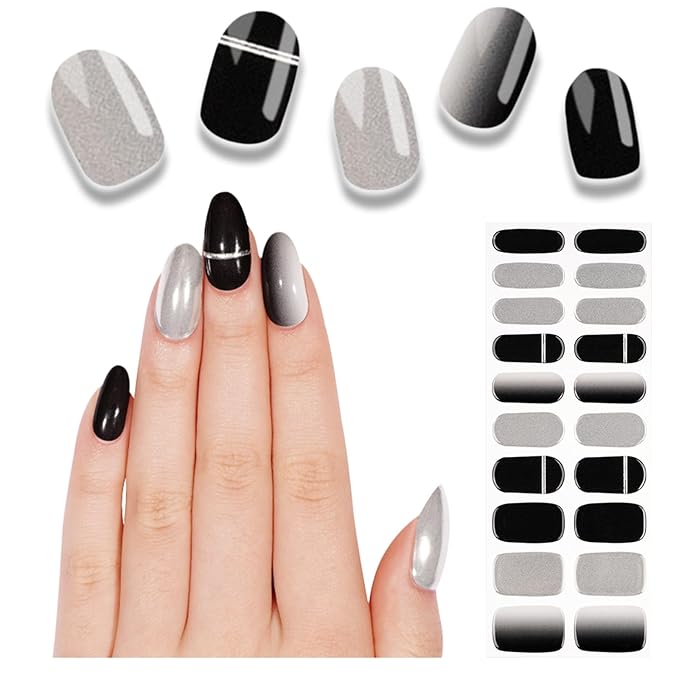 Semi Cured Gel Nail Strips, 20pcs Phantom Black Grey Gel Nail Stickers - Works with Any UV Lamps, Long Lasting Full Wraps, Easy to Apply and Remove