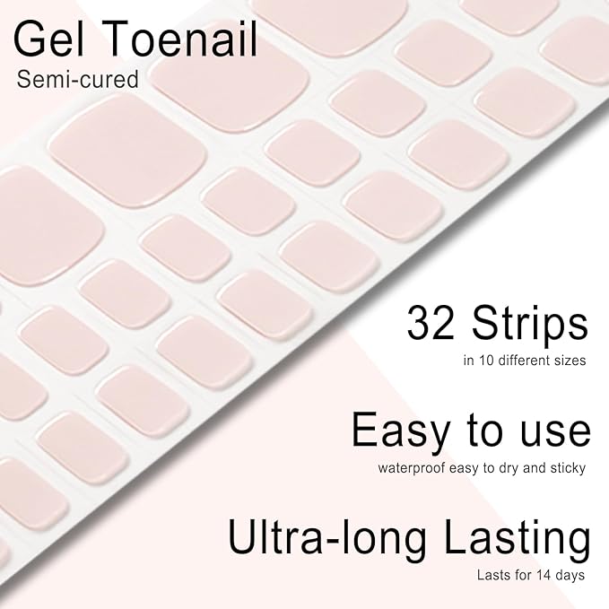 Semi Cured Gel Toenail Strips, 32 Nude Gel Toenail Stickers - Works with Any UV Lamps Pedicure Strips Full Nail Wraps with Nail File & Wood Stick