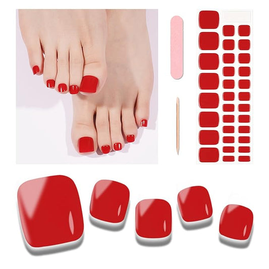 Semi Cured Gel Toenail Strips, 32 Power Red Gel Toenail Stickers - Works with Any UV Lamps Pedicure Strips Full Nail Wraps with Nail File & Wood Stick