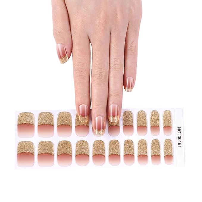 Semi Cured Gel Nail Strips, 20pcs Real Nail Polish Art Stickers, Golden Sunset Gel Nail Stickers - Work with Any UV Lamp, Long Lasting Full Wraps with Nails File and Stick