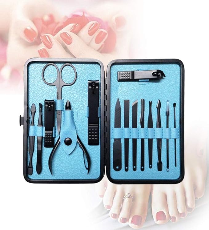 Sharp Nail Scissors and Nail Clippers Set High Precisio Stainless Steel Nail Cutter Pedicure Kit Nail File Manicure Pedicure Kit Fingernails & Toenails with stylish case (blue_(15in1))