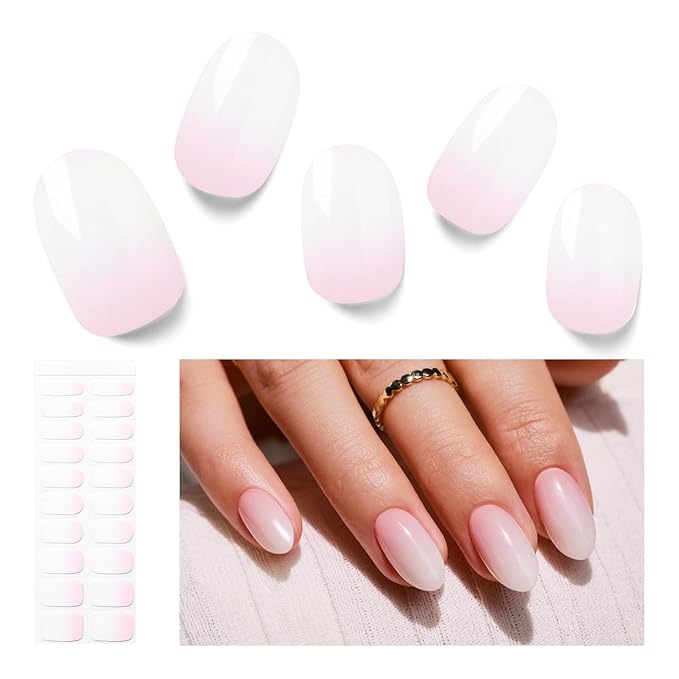 Semi Cured Gel Nail Strips, 20 PCS Gel Nail Stickers Work with UV Light, Salon Quality & Easy to Use - Gradient Nude