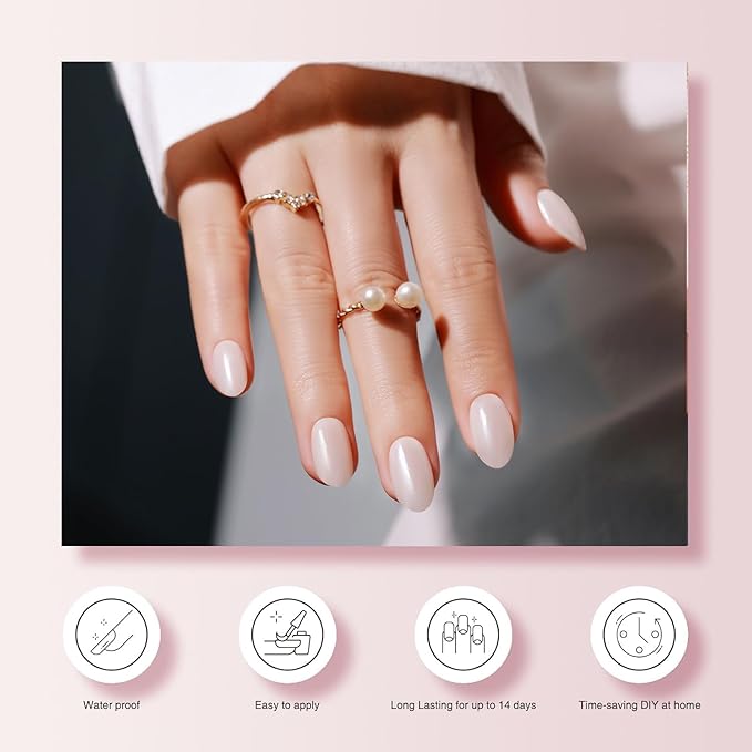 Semi Cured Gel Nail Strips, 20 PCS Gel Nail Stickers Work with UV Light, Salon Quality & Easy to Use - Pearly White