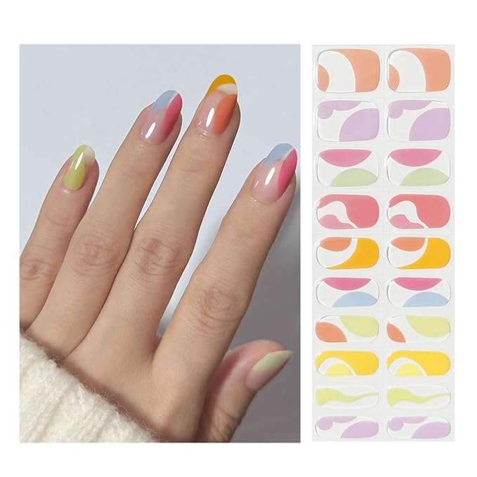 Semi Cured Gel Nail Strips, 20pcs Colorful French Lump Gel Nail Stickers Work with UV, Gel Nail Wrapsfor Home Nail Art DIY, Easy to Use and Remove