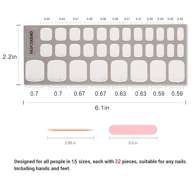 Semi Cured Gel Toenail Strips, 32 Silver White Gel Toenail Stickers - Works with Any UV Lamps Pedicure Strips Full Nail Wraps with Nail File & Wood Stick