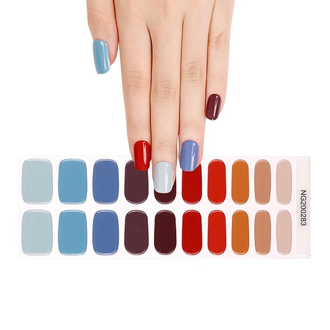 Semi Cured Gel Nail Strips, 20pcs Real Nail Polish Art Stickers, Colorful Gel Nail Stickers - Work with Any UV Lamp, Long Lasting Full Wraps with Nails File and Stick