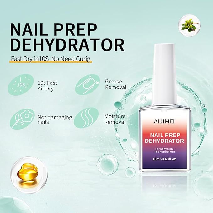 AIJIMEI Professional Natural Nail Prep Dehydrator and Acid Free Primer For Acrylic False Nail Tips Bond Base Coat Gel Nail Polish and Quick Drying Adhesive Dehydration Set（18ml/0.63fl.oz