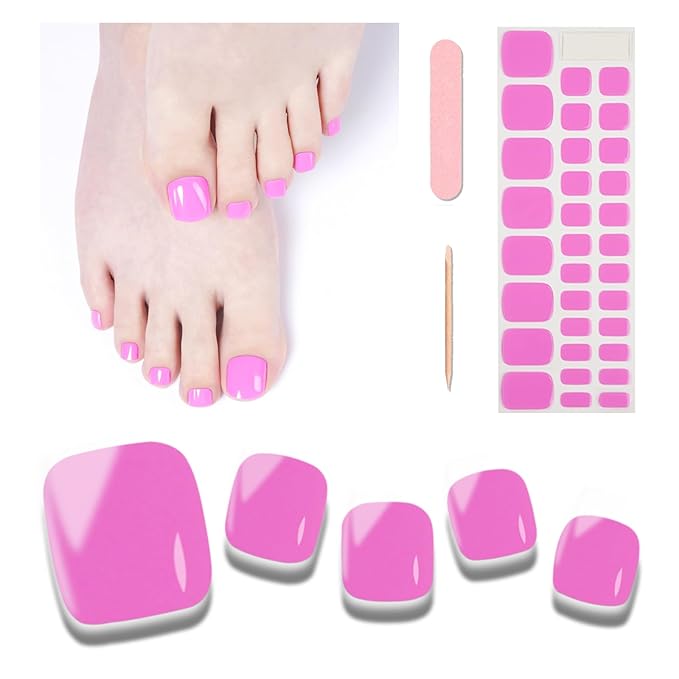 Semi Cured Gel Toenail Strips, 32 Pink B Gel Toenail Stickers - Works with Any UV Lamps Pedicure Strips Full Nail Wraps with Nail File & Wood Stick