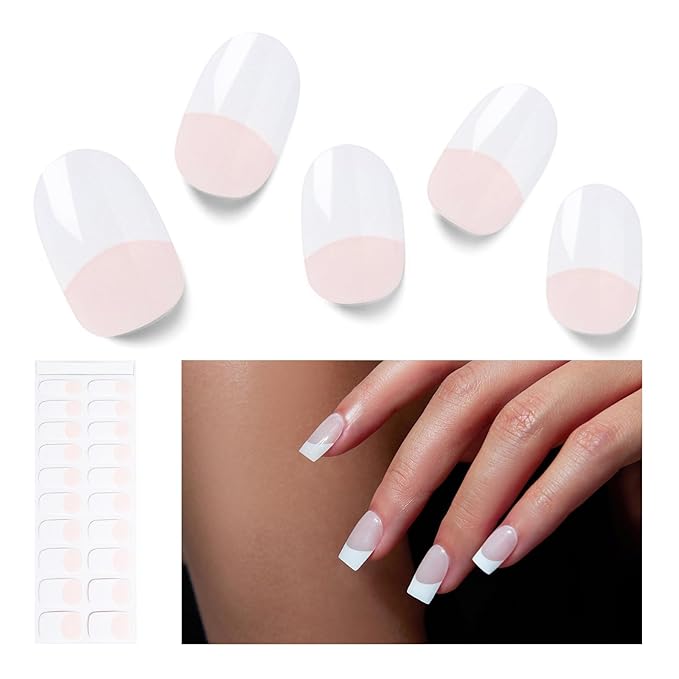 Semi Cured Gel Nail Strips, 20 PCS Gel Nail Stickers Work with UV Light, Salon Quality & Easy to Use - French Passion