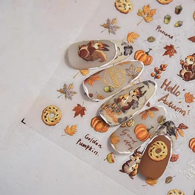 1 Sheets Fall Nail Stickers Autumn Maple Leaf Nail Art Stickers for Nail Art Cute Pine Cones Pumpkin Designs 5D Embossed Self-Adhesive Thanksgiving Nail Decals for Women Acrylic Manicure DIY