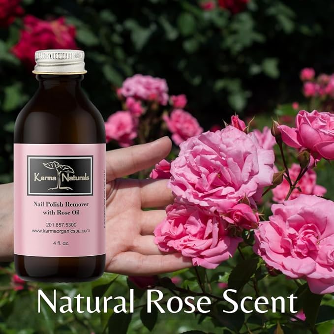 Karma Organic Nail Polish Remover with Rose Oil - Non Toxic, Vegan, Cruelty Free, Acetone free – Nails Strengthener for Fingernails – 4 fl. Oz