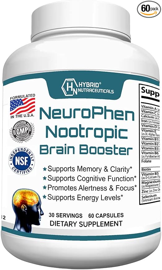Hybrid Nutraceuticals NeuroPhen Nootropics Brain Booster Supplement - Focus Supplement, Memory Supplement for Brain with Bacopa Extract, Phosphatidylserine, Huperzine A - 60 Capsules