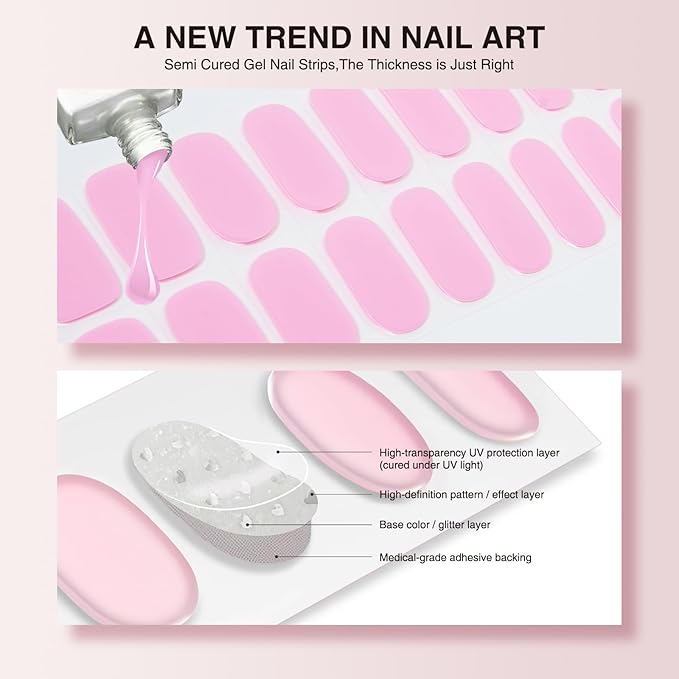 Semi Cured Gel Nail Strips, 20 PCS Gel Nail Stickers Work with UV Light, Salon Quality & Easy to Use - Rosy Luster