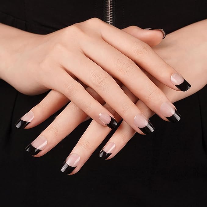 Semi Cured Gel Nail Strips, 20pcs Nail Polish Stickers, French Black Gel Nail Stickers - Work with Any UV Lamp, Long Lasting Full Wraps with Nails File and Stick