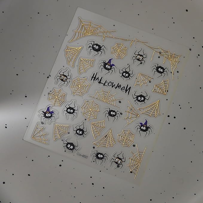 Spider Spider Web Nail Stickers for Nail Art 3D Glitter Gold Spider Web Black Spiders Nail Decals Design Stickers Acrylic Nails Tips DIY Manicure Decoration Supplies for Halloween and Daily Nails