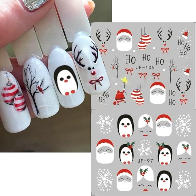 12 Sheets Christmas Nail Stickers Water Transfer Nail Decals Santa Claus Snowman Elk Penguin Nail Art Stickers Pine Winter Nail Art Supplies for Women Xmas Nail Art Decorations