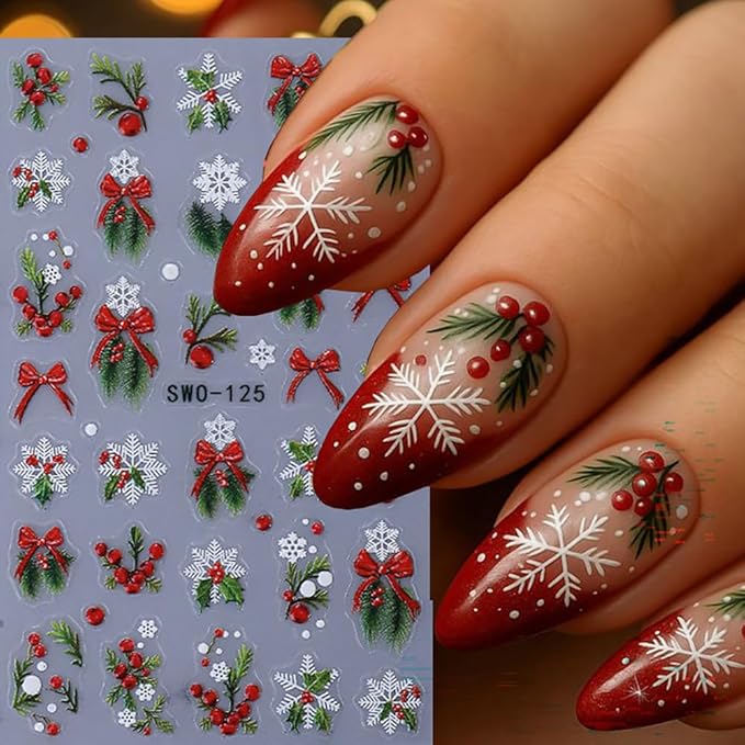 Christmas Nail Stickers 5D Embossed Christmas Tree Snowman Nail Art Stickers Winter Snowflake Nail Decals Self-Adhesive Bow Holiday Lights Design Sticker Xmas Cute Nail Art Decoration for Women 4Pcs