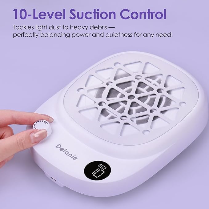 Delanie Professional Nail Dust Collector Cordless with 50pcs Filter Pads, Portable Dust Collector for Nail Tech 6000 RPM, Rechargeable Compact Nail Fan Dust Collector with 10 Speed Settings & Display