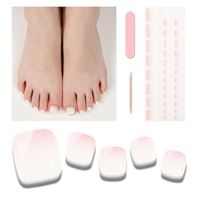 Semi Cured Gel Toenail Strips, 32 Cream Pink Gel Toenail Stickers - Works with Any UV Lamps Pedicure Strips Full Nail Wraps with Nail File & Wood Stick