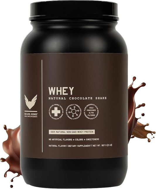 High Level Whey Protein Powder Stevia Sweetened, Natural Chocolate Shake, 24g Protein, Ultra Filtered Non-GMO, Digestive Enzymes, Gluten Free, 蛋白粉, 2 lb, Whey Protein with Stevia