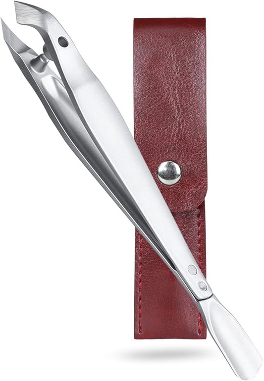 Tweezers-Style 2-in-1 Cuticle Trimmer & Pusher - Surgical-Grade Stainless Steel, Compact Portable Nail Tool with Leather Case for Precise Hangnail/Cuticle Care (Home, Travel, Salon)