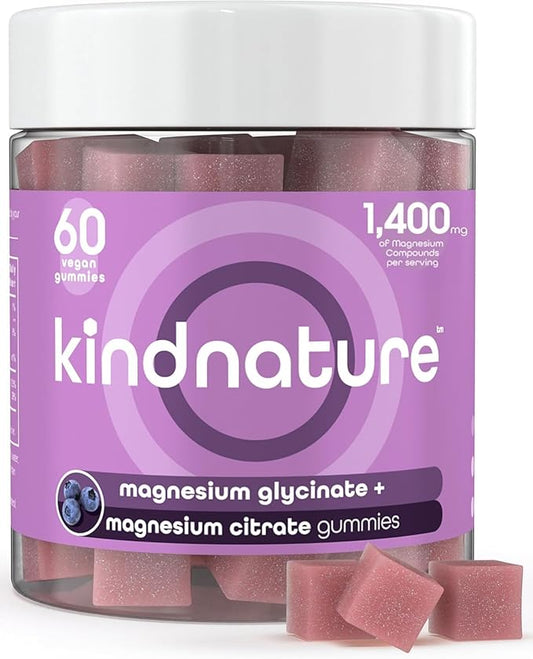 KINDNATURE Magnesium Glycinate & Citrate Gummies – Calm Magnesium Complex for Sleep, Stress, Cramps & Digestion – Chewable Vegan Magnesium Supplement for Women, Teens, Adults – 60 Ct