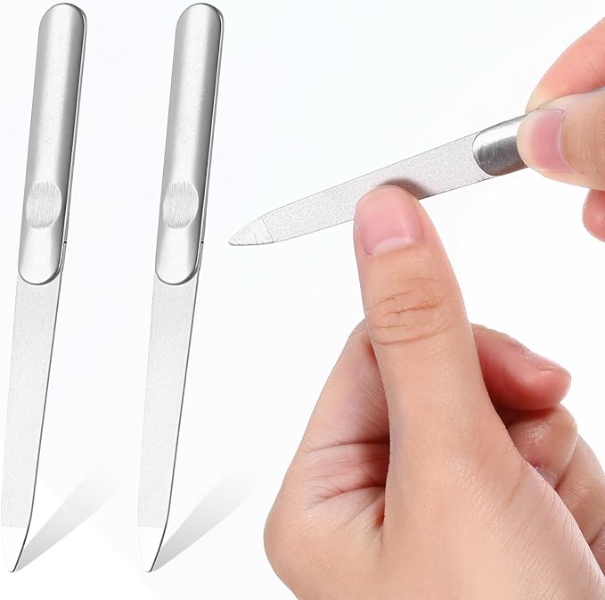 2 PCS Diamond Emery Board Double Sided Metal Nail File Stainless Steel Finger Nail Buffer Manicure Pedicure Tool Precision Fingernail File Natural Fingernail for Salon Home Travel Women Men