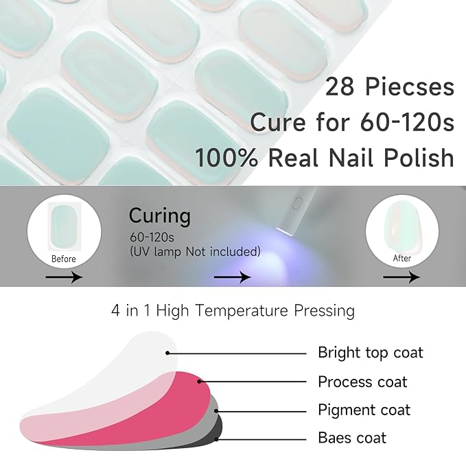 Semi Cured Gel Nail Strips, Sunset | 28 pcs Gel Nail Strips Work with Any UV Lamp, Salon Quality UV Nails Stickers, Easy to Apply for Home Nails DIY