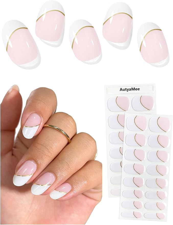 Semi Cured Gel Nail Strips (Gold Line French), White, 30 Pcs Gel Nail Wraps, Stickers, UV Light Required