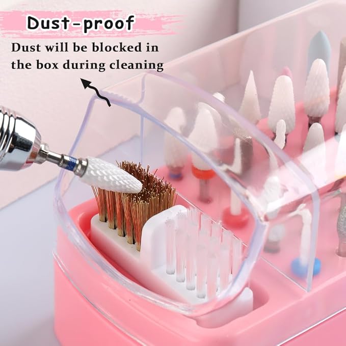 2 in 1 Nail Drill Bits Holder with Cleaning Brush, 30 Holes Dustproof Stand Display Organizer Storage Box , Cleaning Tungsten Carbide Ceramic Nail Drill Bits Cuticle Manicure Tools