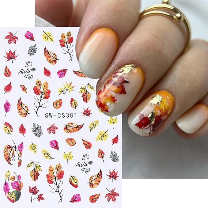 7 Sheets Fall Maple Nail Stickers for Nail Art, 3D Self-Adhesive Autumn Leaf Pumpkin Nail Decals, Mushroom Nail Supplies Nail Art Design Accessories for Women and Girls Manicure DIY Decoration