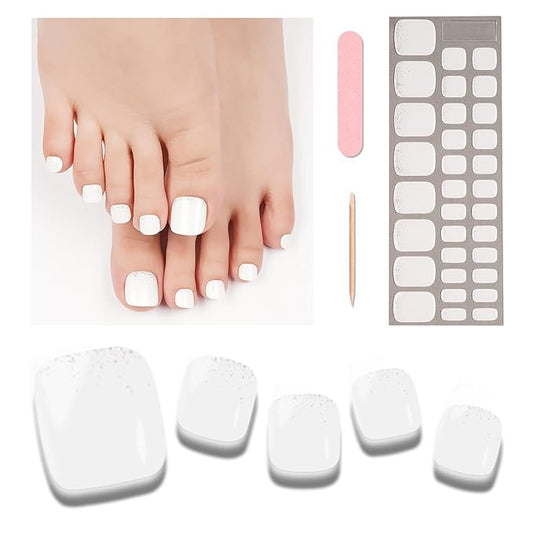 Semi Cured Gel Toenail Strips, 32 Silver White Gel Toenail Stickers - Works with Any UV Lamps Pedicure Strips Full Nail Wraps with Nail File & Wood Stick