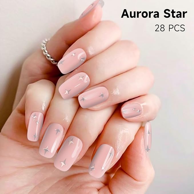 Semi Cured Gel Nail Strips | 4th of July Gel Nails Strips for Women Work with Any UV Lamp, Star Nail Stickers for Women Home DIY Nails Art (Aurora Star)