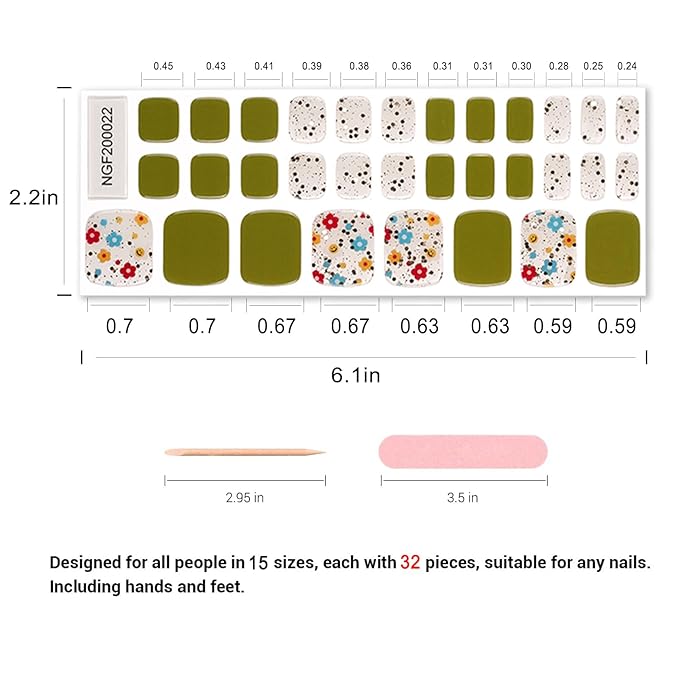Semi Cured Gel Toenail Strips, 32 Green Gel Toenail Stickers - Works with Any UV Lamps Pedicure Strips Full Nail Wraps with Nail File & Wood Stick