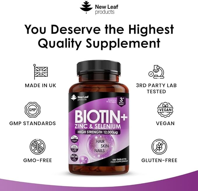 Biotin Hair Growth Vitamins 12000mcg High Strength with Coconut Oil - Promotes Healthy Hair Skin & Nails - Biotin Vitamins for Women& Men Vegan, Gluten Free Supplements - Made in The UK by New Leaf