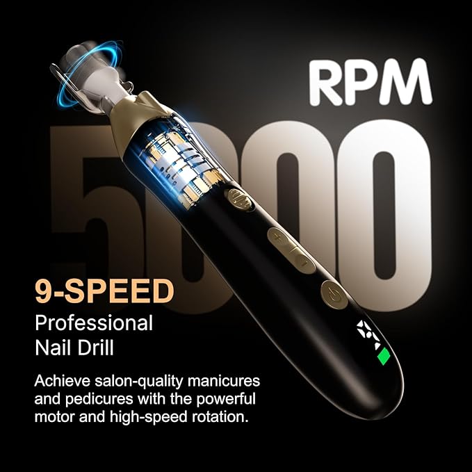 Electric Nail File Drill: Rechargeable Cordless Nail Drill – 9-Speed Rechargeable Electric File for Acrylic & Gel Nails, Portable Manicure & Pedicure Set for Home & Salon