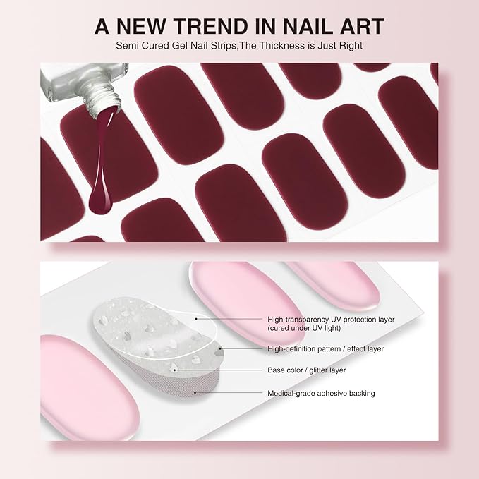 Semi Cured Gel Nail Strips, 20 PCS Gel Nail Stickers Work with UV Light, Salon Quality & Easy to Use - Dark Night Purple