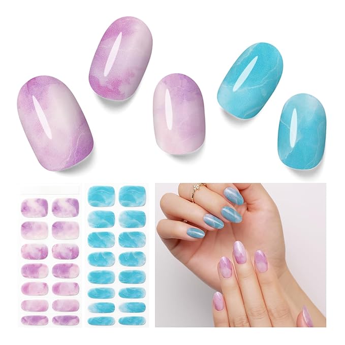 Semi Cured Gel Nail Strips - 30PCS Gel Nail Stickers for UV Light, Long-Lasting Gel Nail Wraps, Salon-Quality Semi Cured Nail Stickers, 2 Weeks Wear, Easy DIY Gel Manicure-Violet Ocean