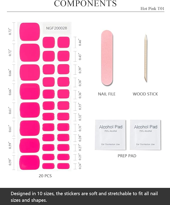 Semi Cured Gel Toenail Strips (Hot Pink T01), 32 Pcs Gel Pedi Stickers, Wraps, UV Light Required, Salon Quality, Long Lasting