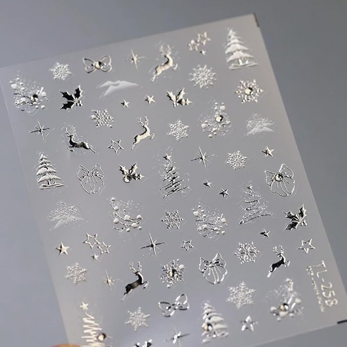 Christmas Nail Art Stickers 5D Embossed Christmas Nail Decals with Rhinestone 1PCS Silver Deer Xmas Tree Snowflake Xmas Nails Design Manicure Sticker Accessories for Women Holiday DIY Nail Decorations