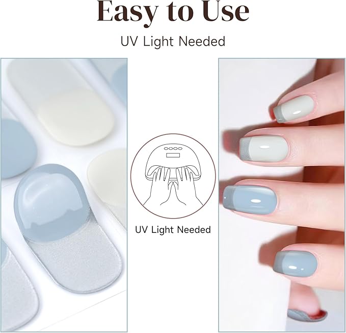 Semi Cured Gel Nail Strips | 28 pcs Gel Nails Strips for Women Work with Any UV Lamp, UV Nail Stickers for Women Home DIY Nails Art (Serene Dawn)