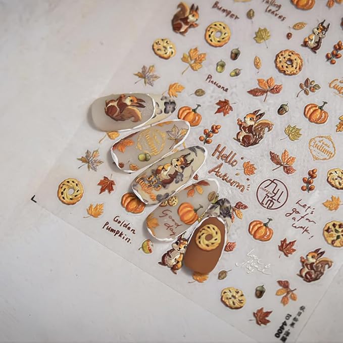 1Sheet Maple Leaf Nail Stickers 5D Embossed Self Adhesive Fall Squirrel Nuts Nail Decals Thanksgiving Day Pumpkin Nail Design Red Yellow Maple Leaf Nails Sticker Nails Decor for Women Nails Supplies