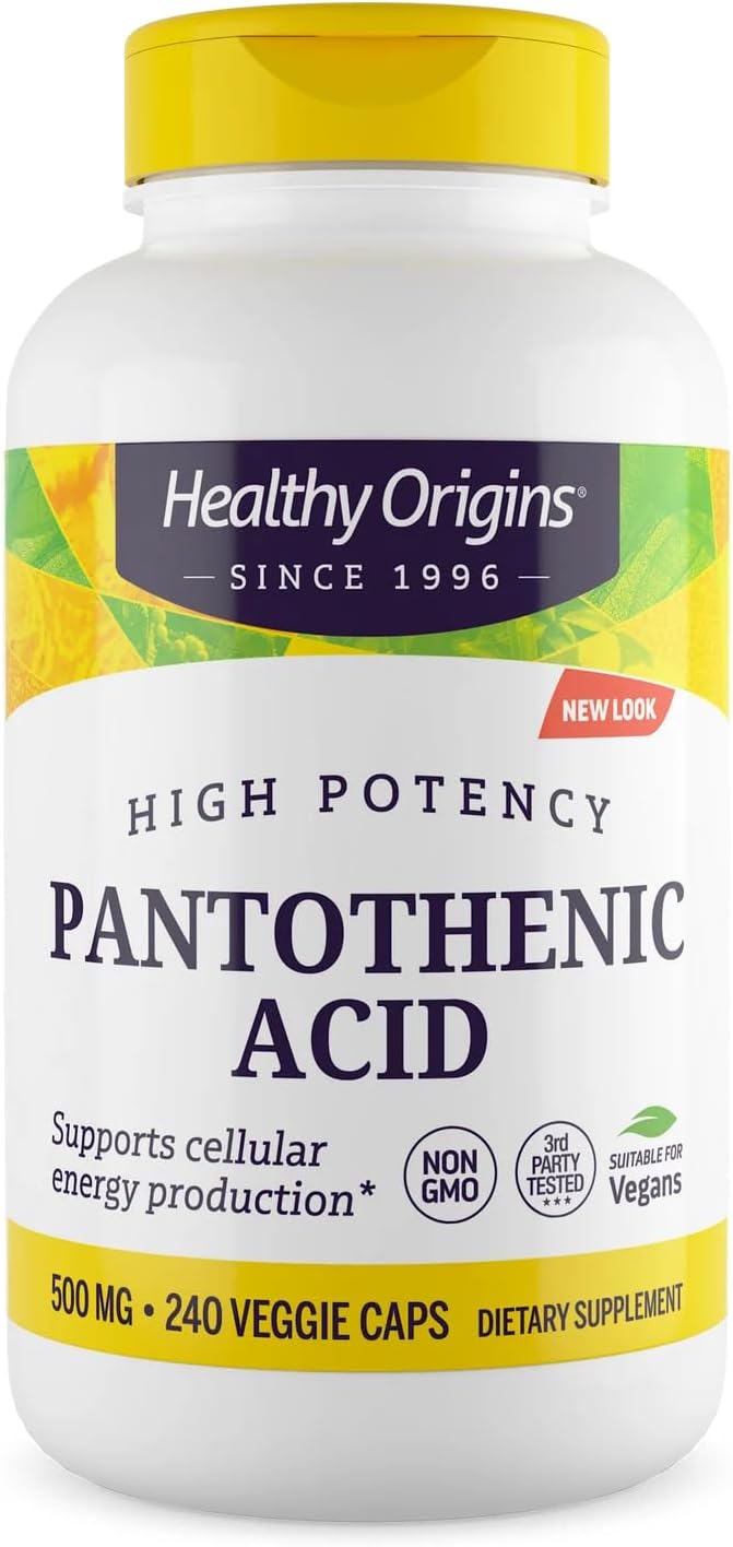 Healthy Origins Pantothenic Acid 500 mg (Vitamin B5, Vegan, Non-GMO, High Strength, Energy Boost and Metabolism Support, Tiredness & Fatigue, Acne Supplement for Skin Care), 240 Veggie Caps