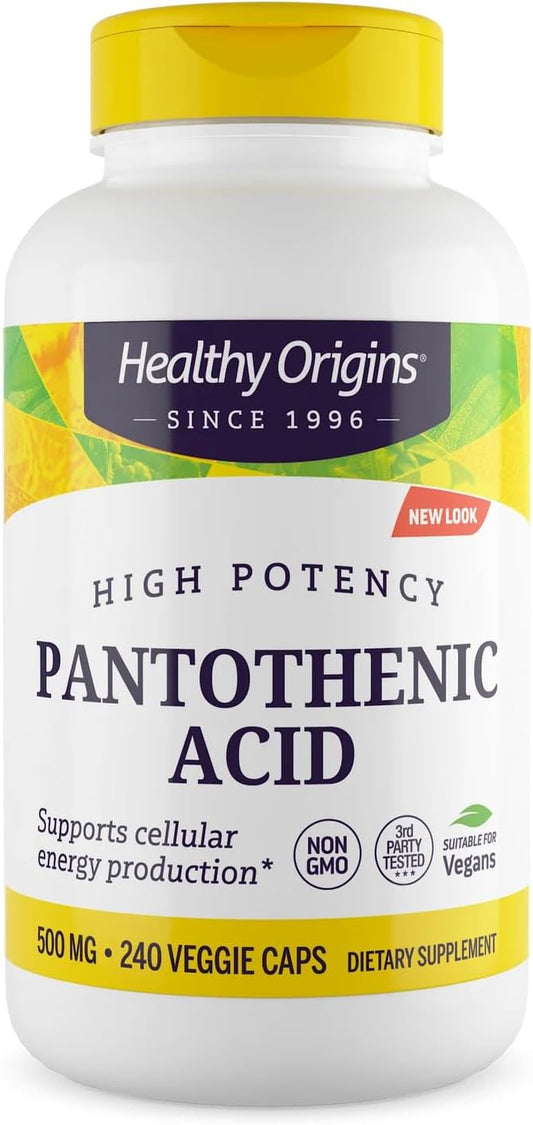 Healthy Origins Pantothenic Acid 500 mg (Vitamin B5, Vegan, Non-GMO, High Strength, Energy Boost and Metabolism Support, Tiredness & Fatigue, Acne Supplement for Skin Care), 240 Veggie Caps