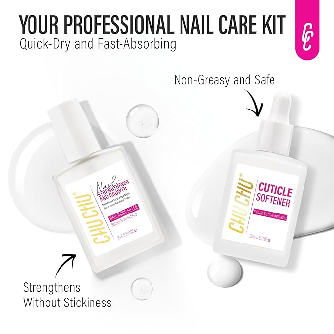CHUCHU Nail Strengthener and Growth Kit: Clear Hardener and Repair & Cuticle Softener Set - Protein Ridge Filler Polish Quick Dry for Weak Peeling Brittle Splitting Nails - for Women Home Salon