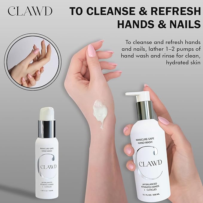CLAWD Nail Care Kit for Girls and Women, Includes Nail Brush for Cleaning Fingernails, Fingernail Brush, Nail Scrubber Brush, Hand Wash 100ml & 300ml, Black, Blue, Silver, Pink Brushes | Set of 6