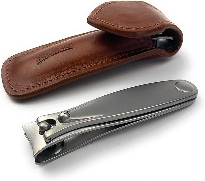 Shpitser Nail Clipper of Solingen Stainless Steel, German TopInox German Fingernails and Toenails Clipper, Nail Care for Men and Women in Genuine Leather Case (Dark Brown)