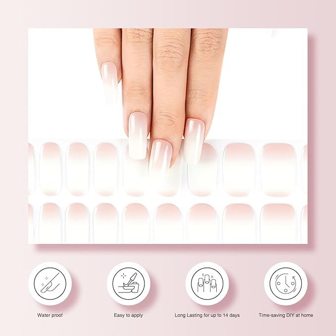 Semi Cured Gel Nail Strips, 20 PCS Gel Nail Stickers Work with UV Light, Gel Nail Wraps, Salon Quality & Easy to Use - Pure Powder